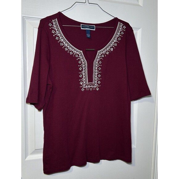 Karen Scott Women’s Studded Embellished V-Neck Half Sleeve Blouse Size Large - Picture 1 of 6